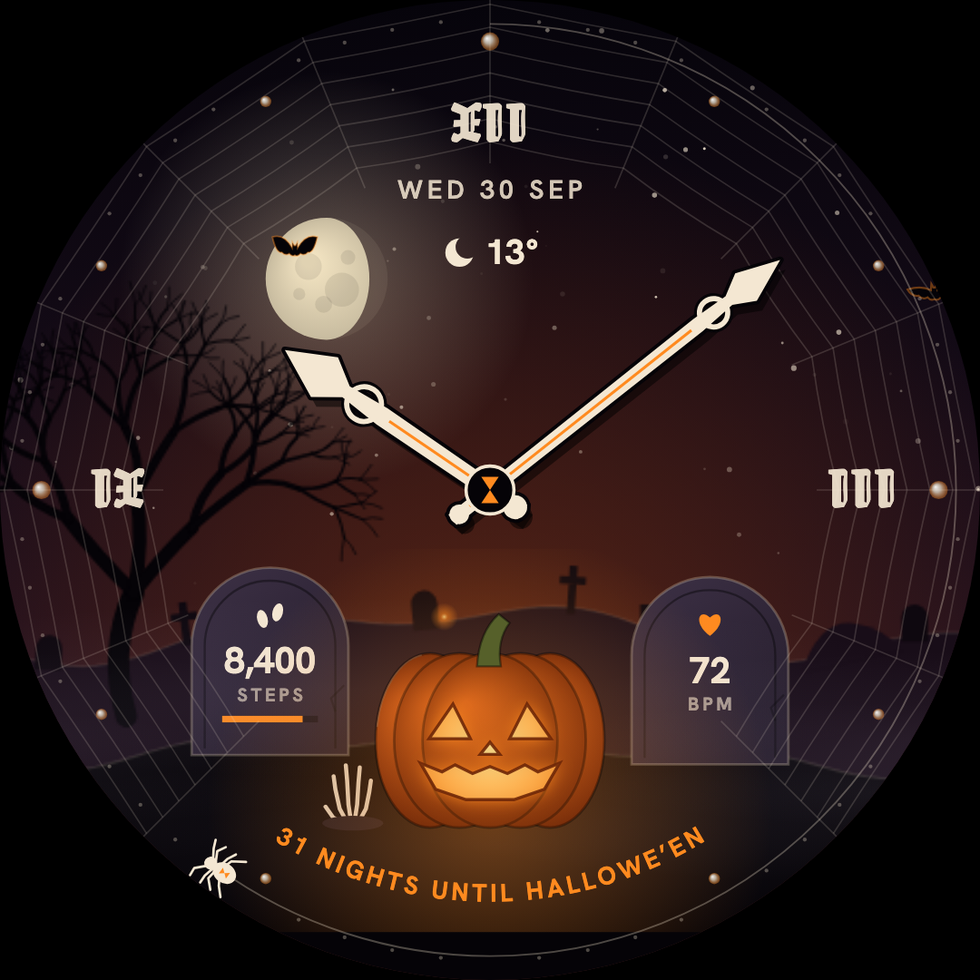 Pumpkin and moon-phase Halloween watch face